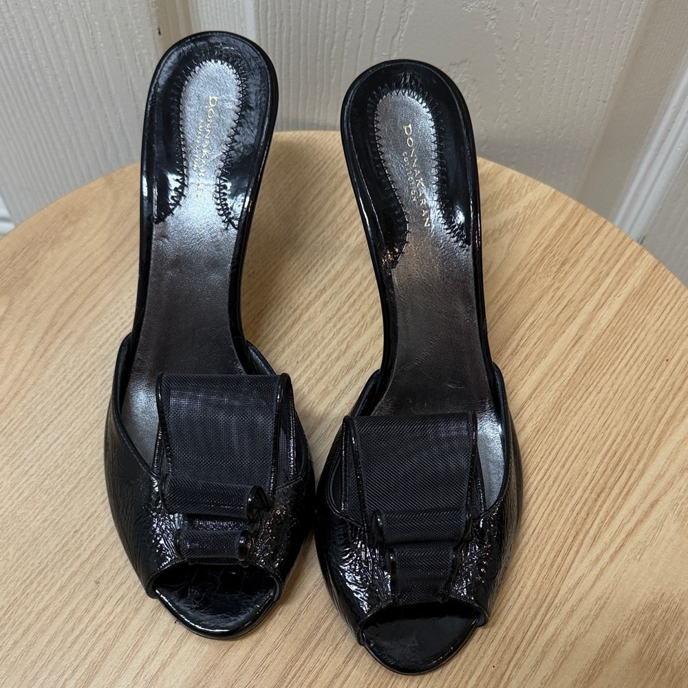 Donna Karan Black Patent Leather Slide Mules with Bow Accent